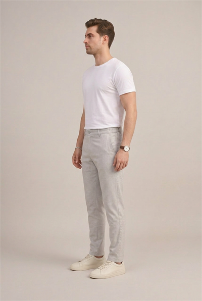 Erkek Açık Gri Melanj Kırçıllı Slim Fit Yarım Lastikli Bel Smart Casual Pantolon