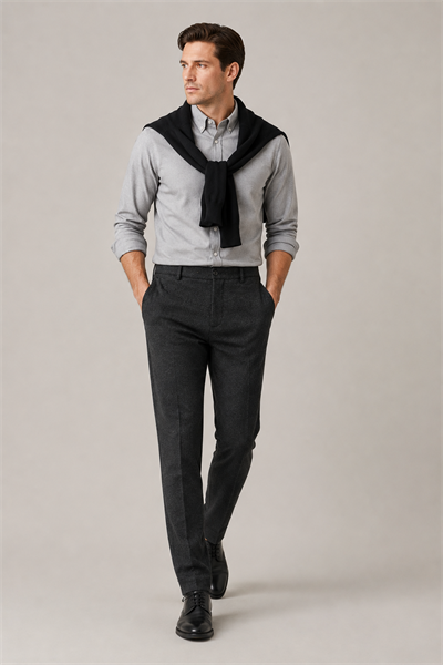 Erkek Antrasit Melanj Doku Kemer Tokalı Yumuşak Tuşeli Slim Fit Pantolon