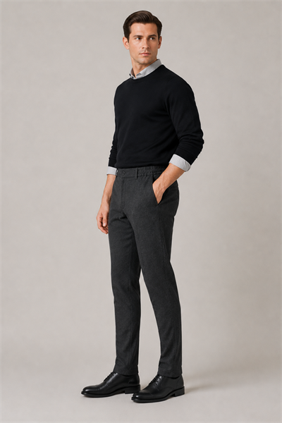Erkek Antrasit Melanj Doku Kemer Tokalı Yumuşak Tuşeli Slim Fit Pantolon