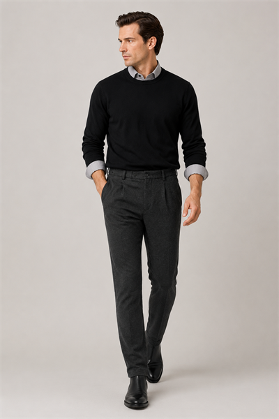 Erkek Antrasit Melanj Doku Kemer Tokalı Yumuşak Tuşeli Slim Fit Pantolon
