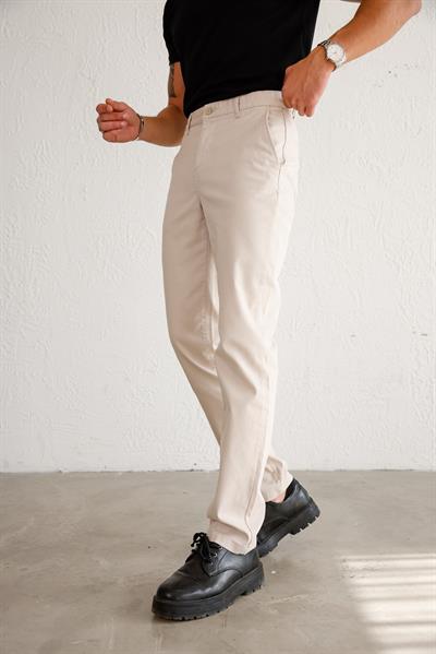 Erkek Armürlü Slim Fit Bej Pantolon