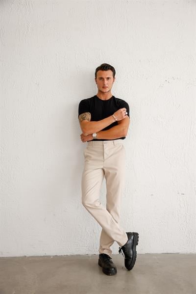 Erkek Armürlü Slim Fit Bej Pantolon