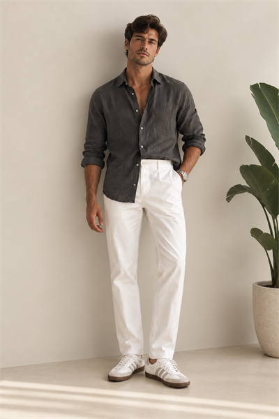 Erkek Armürlü Slim Fit Beyaz Pantolon