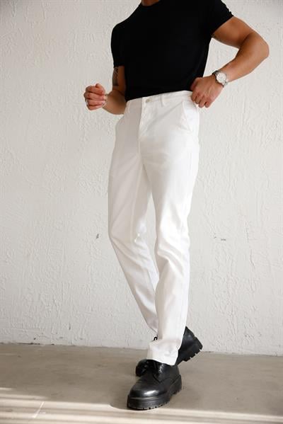 Erkek Armürlü Slim Fit Beyaz Pantolon