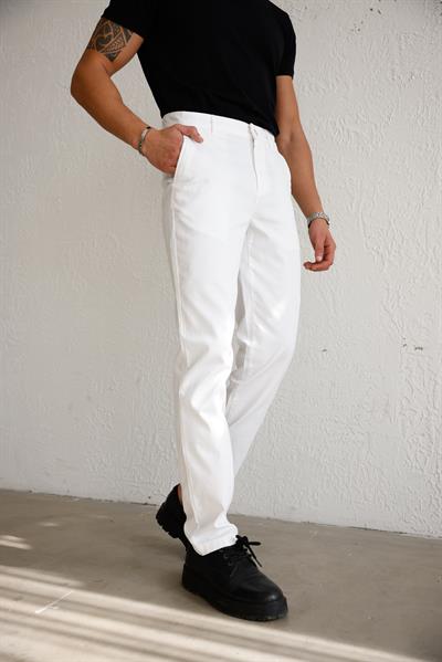 Erkek Armürlü Slim Fit Beyaz Pantolon
