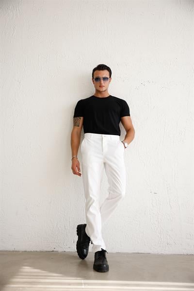 Erkek Armürlü Slim Fit Beyaz Pantolon