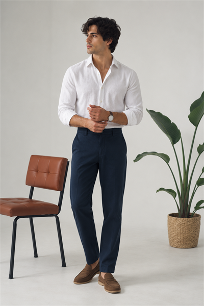 Erkek Armürlü Slim Fit Lacivert Pantolon