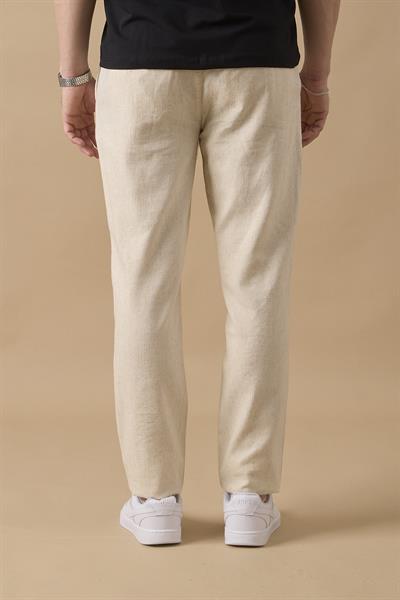 Erkek Bej Slim Fit Keten Karışımlı Çizgili Pantolon