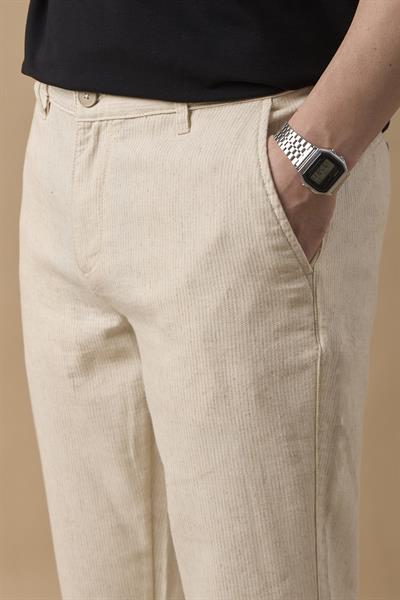 Erkek Bej Slim Fit Keten Karışımlı Çizgili Pantolon
