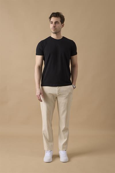 Erkek Bej Slim Fit Keten Karışımlı Çizgili Pantolon