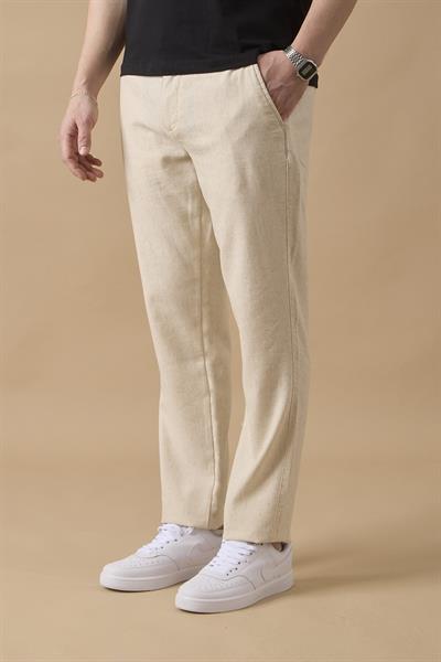 Erkek Bej Slim Fit Keten Karışımlı Çizgili Pantolon