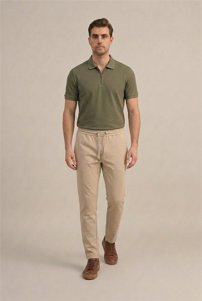 Erkek Bej Slim Fit Lastikli Bel Bağcıklı  Jogger Pantolon
