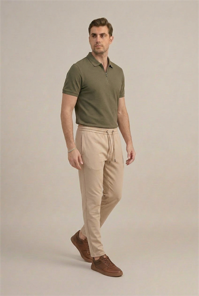 Erkek Bej Slim Fit Lastikli Bel Bağcıklı  Jogger Pantolon