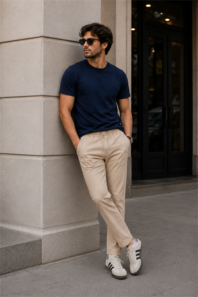 Erkek Bej Slim Fit Lastikli Bel Bağcıklı  Jogger Pantolon