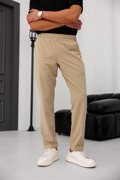 Erkek Bej Slim Fit Lastikli Bel Esnek Kumaş Dar Kesim Pantolon