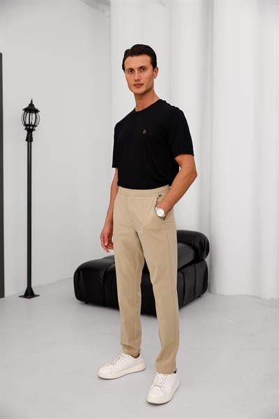 Erkek Bej Slim Fit Lastikli Bel Esnek Kumaş Dar Kesim Pantolon