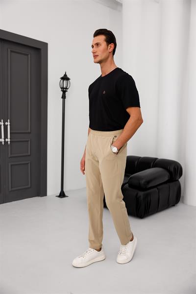Erkek Bej Slim Fit Lastikli Bel Esnek Kumaş Dar Kesim Pantolon