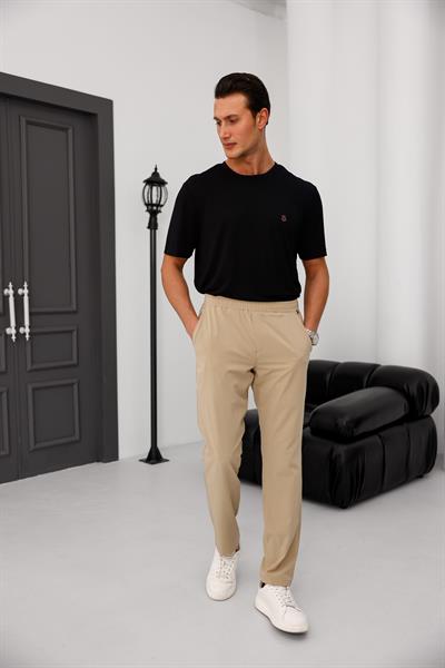 Erkek Bej Slim Fit Lastikli Bel Esnek Kumaş Dar Kesim Pantolon