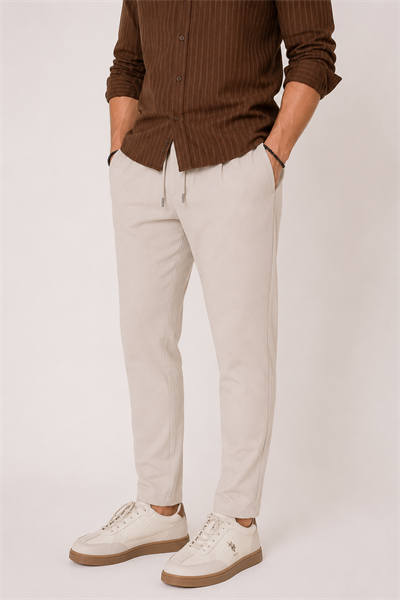 Erkek Beli Bağcıklı Yandan Cepli Slim Fit Jogger Bej Pantolon