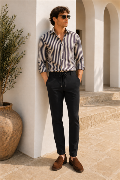 Erkek Beli Bağcıklı Yandan Cepli Slim Fit Jogger Siyah Pantolon