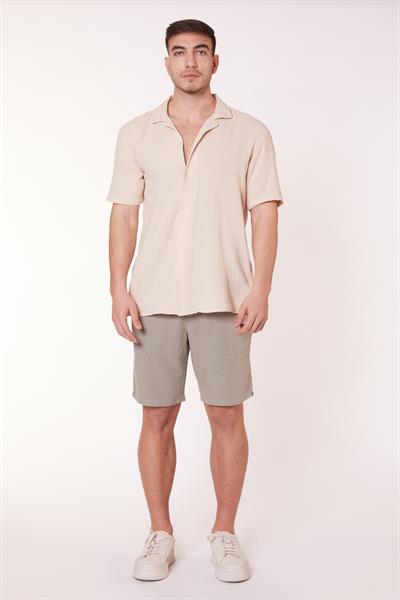 Erkek Beli Lastikli Bağcıklı Keten Karışımlı Slim Fit Jogger Şort Yeşil