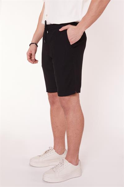 Erkek Beli Lastikli Bağcıklı Keten Karışımlı Slim Fit Jogger Şort Siyah