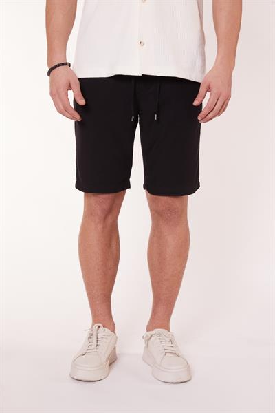 Erkek Beli Lastikli Bağcıklı Keten Karışımlı Slim Fit Jogger Şort Siyah