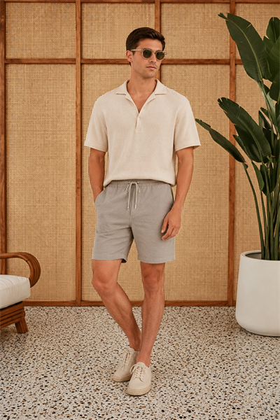 Erkek Beli Lastikli Bağcıklı Keten Karışımlı Slim Fit Jogger Şort Yeşil