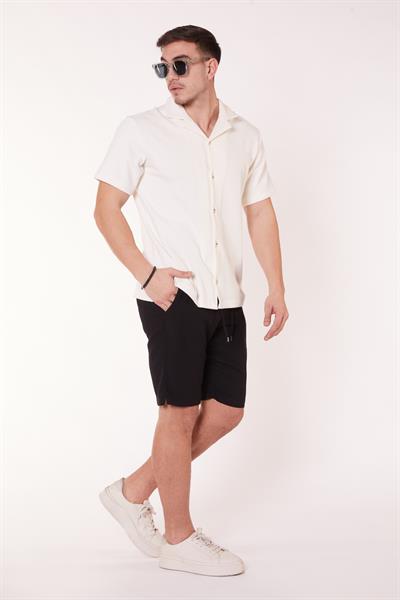 Erkek Beli Lastikli Bağcıklı Keten Karışımlı Slim Fit Jogger Şort Siyah