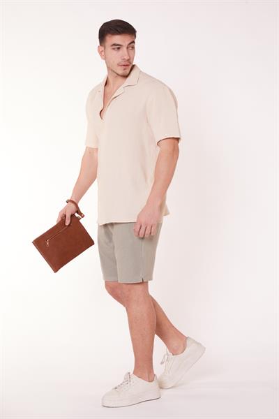 Erkek Beli Lastikli Bağcıklı Keten Karışımlı Slim Fit Jogger Şort Yeşil