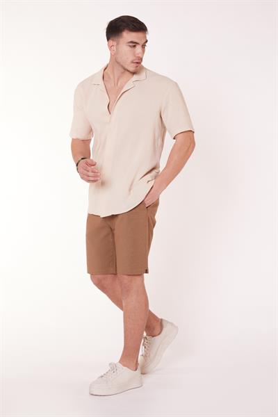 Erkek Beli Lastikli Bağcıklı Pamuk Keten Karışımlı Slim Fit Jogger Şort Vizon