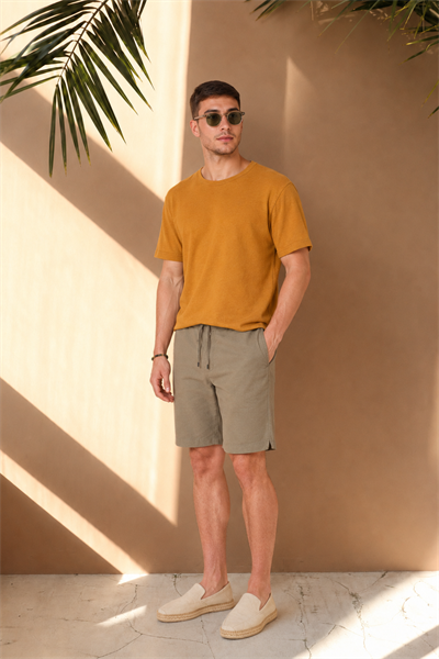 Erkek Beli Lastikli Bağcıklı Pamuk Keten Karışımlı Slim Fit Jogger Şort Haki