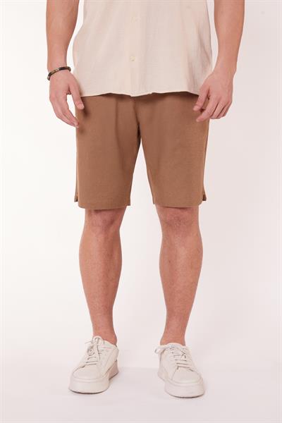 Erkek Beli Lastikli Bağcıklı Pamuk Keten Karışımlı Slim Fit Jogger Şort Vizon