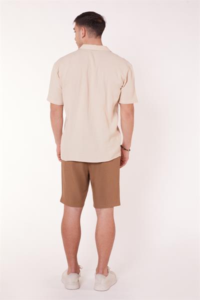 Erkek Beli Lastikli Bağcıklı Pamuk Keten Karışımlı Slim Fit Jogger Şort Vizon