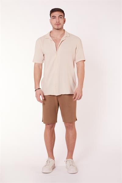 Erkek Beli Lastikli Bağcıklı Pamuk Keten Karışımlı Slim Fit Jogger Şort Vizon