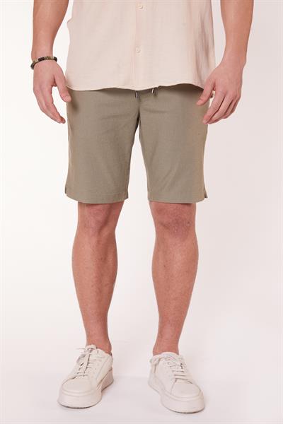 Erkek Beli Lastikli Bağcıklı Pamuk Keten Karışımlı Slim Fit Jogger Şort Haki