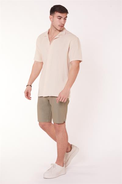 Erkek Beli Lastikli Bağcıklı Pamuk Keten Karışımlı Slim Fit Jogger Şort Haki