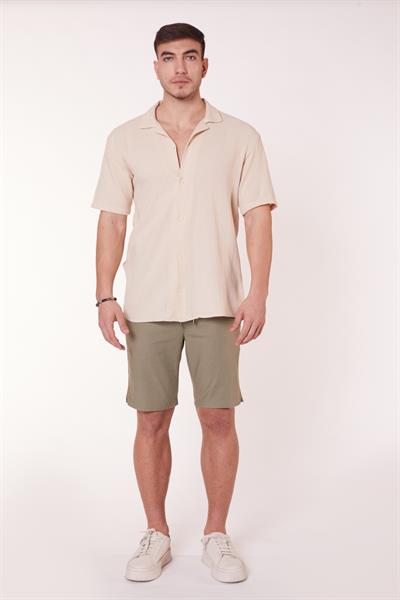 Erkek Beli Lastikli Bağcıklı Pamuk Keten Karışımlı Slim Fit Jogger Şort Haki