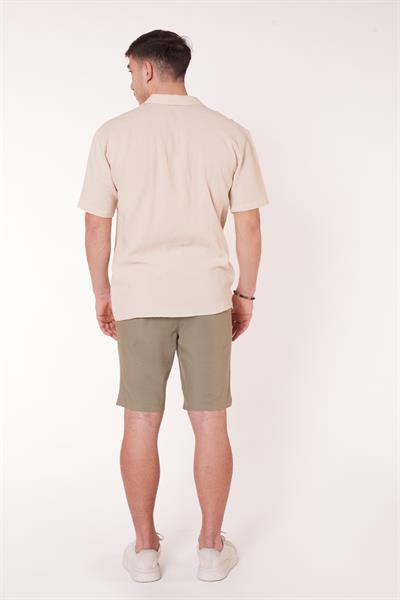 Erkek Beli Lastikli Bağcıklı Pamuk Keten Karışımlı Slim Fit Jogger Şort Haki