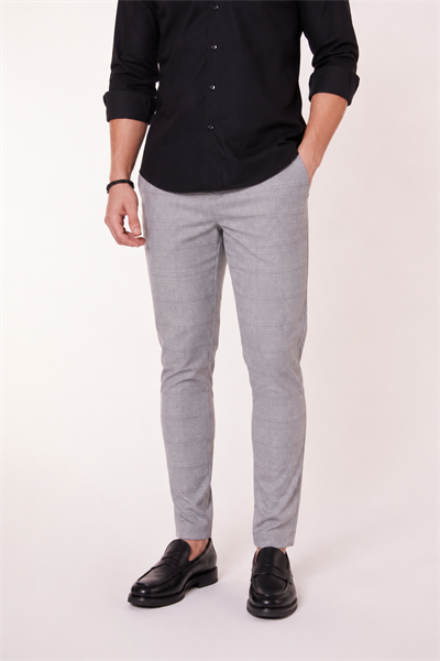  Men Elastic Waist Slim Fit Plaid Pants  Gray