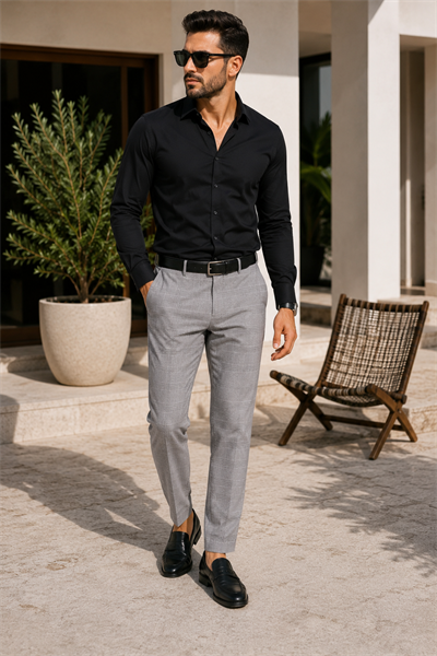  Men Elastic Waist Slim Fit Plaid Pants  Gray