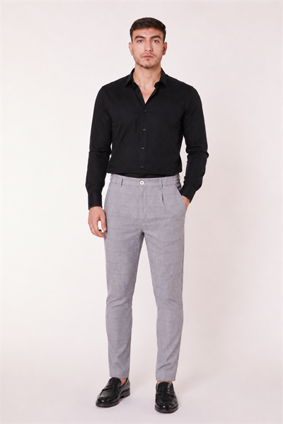  Men Elastic Waist Slim Fit Plaid Pants  Gray