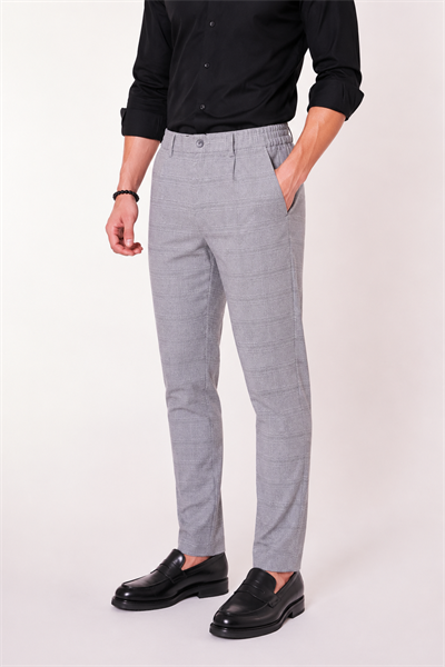  Men Elastic Waist Slim Fit Plaid Pants  Gray
