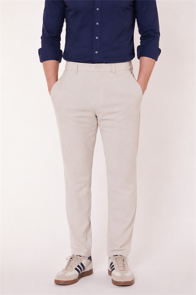 Erkek Beli Yarım Lastikli Fermuarlı Bej Chino Pantolon
