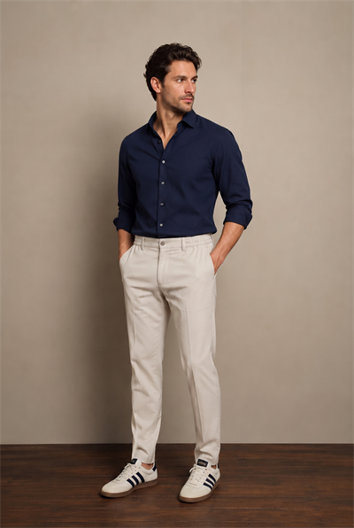 Erkek Beli Yarım Lastikli Fermuarlı Bej Chino Pantolon
