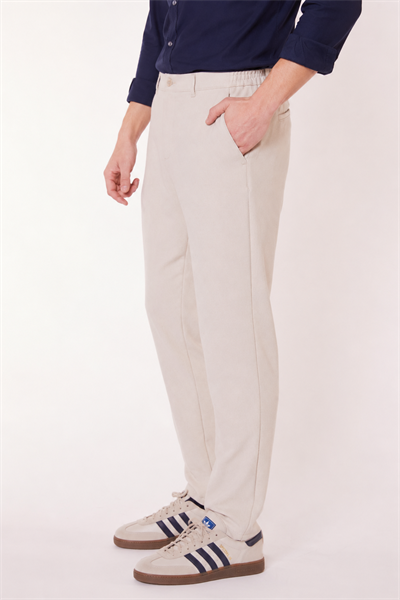 Erkek Beli Yarım Lastikli Fermuarlı Bej Chino Pantolon