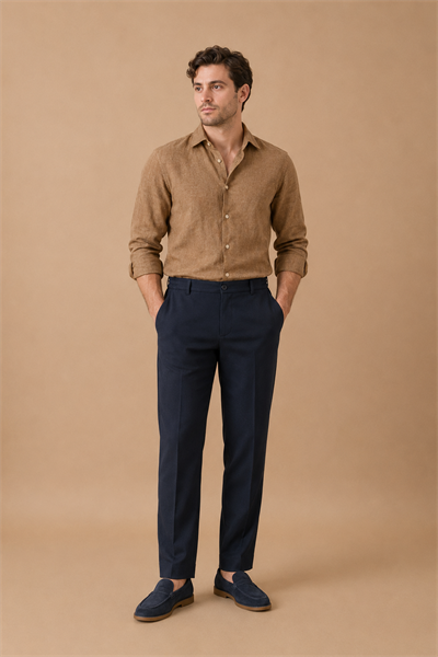 Mens Half Elastic Waist Zippered Navy Chino Pants