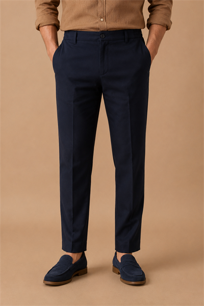 Mens Half Elastic Waist Zippered Navy Chino Pants