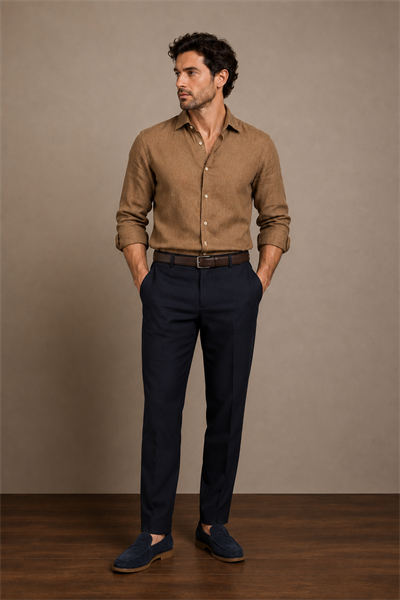 Mens Half Elastic Waist Zippered Navy Chino Pants