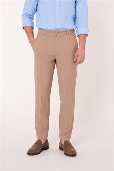 Erkek Beli Yarım Lastikli Fermuarlı Vizon Chino Pantolon